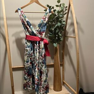 Lapis Multicolor Satin Floral Midi Dress with Red Sash a218